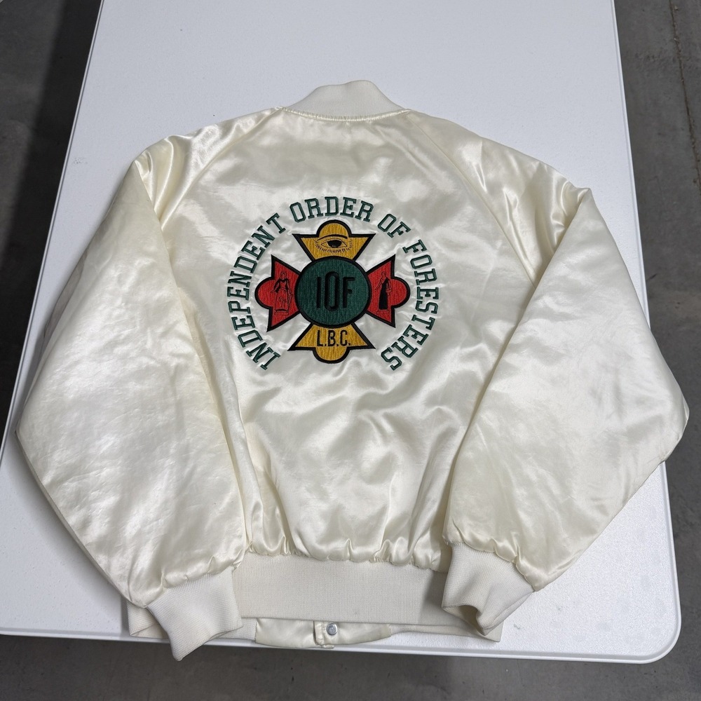 Vintage Satin Bomber Jacket Mens Large Cream IOF Independent Order Foresters